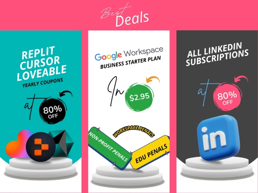 Best deals Google workspace starter plan inn $3 Replit, cursor and loveable yearly coupons Linkedin subscriptions